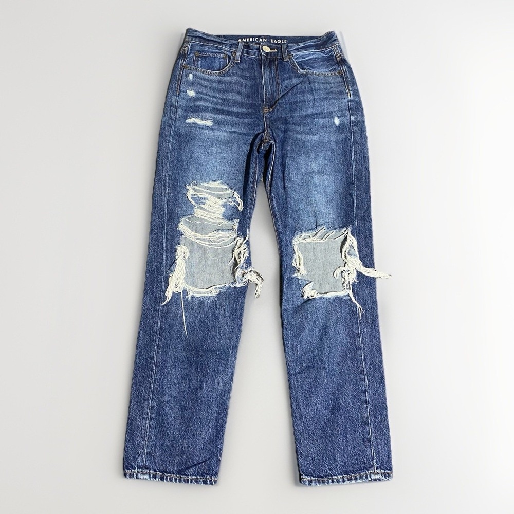 American Eagle 90s Boyfriend Jeans Womens 2 Long 29x29 Blue Baggy Distressed Mom